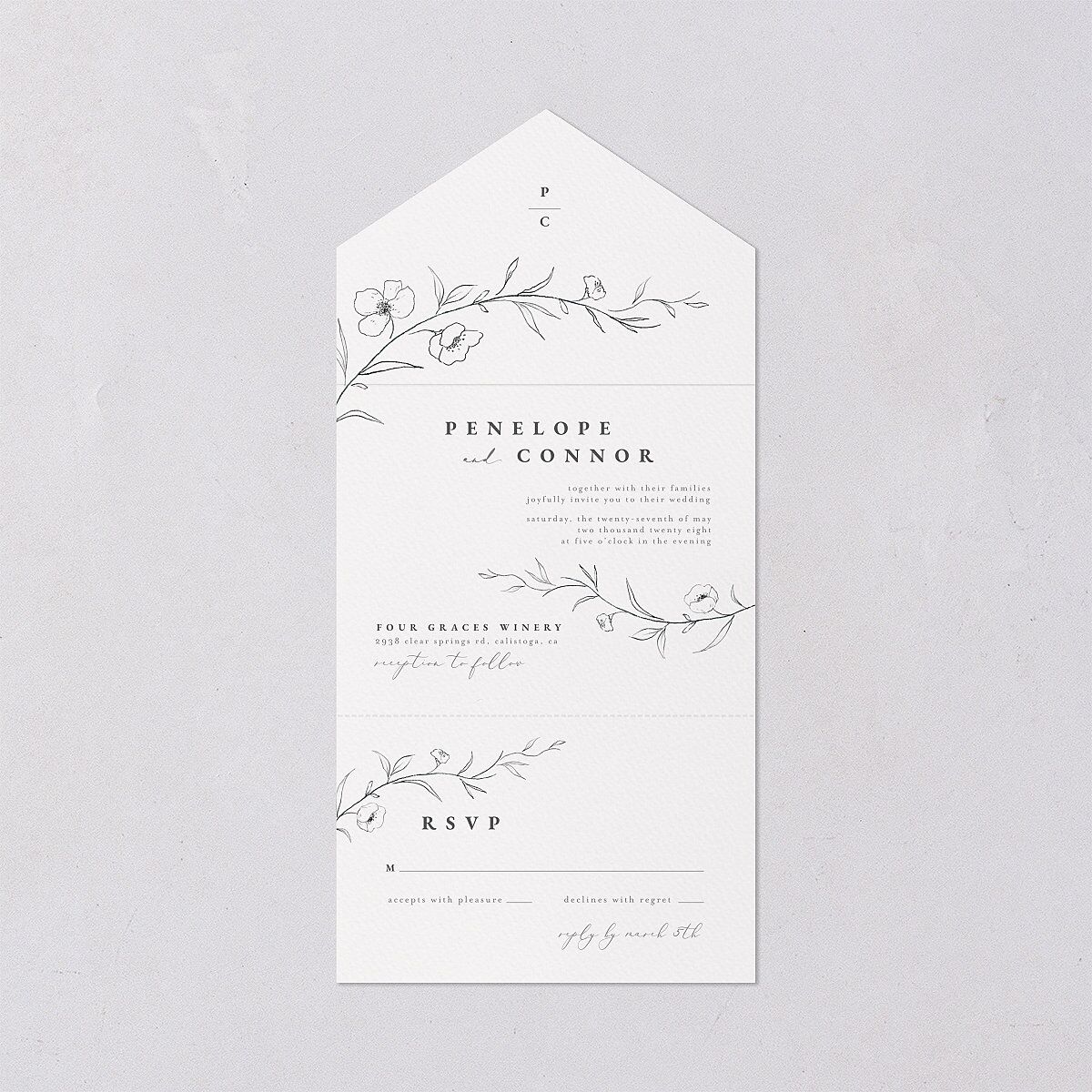 Graceful Botanical All-in-One Wedding Invitations Shadow Gray Signature Light Both Recipient and Return Addresses No