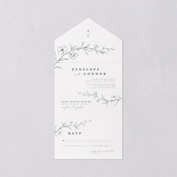 Graceful Botanical All-in-One Wedding Invitations Shadow Gray Signature Light Both Recipient and Return Addresses No
