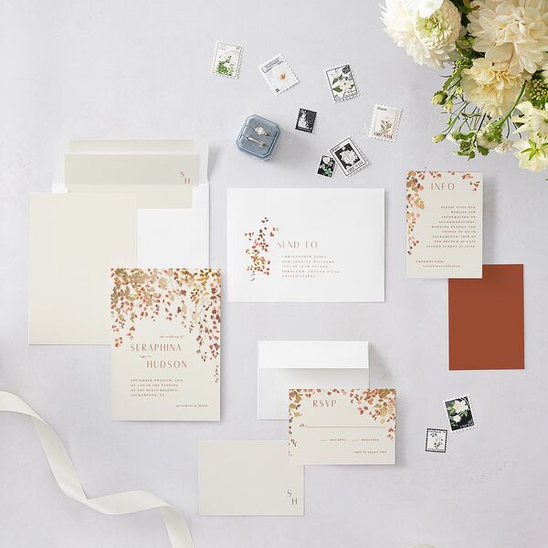 Cascading Florals Wedding Invitations Gold Copper Signature Blank No