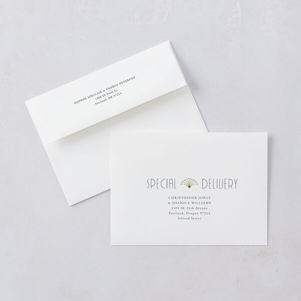 Gatsby Deco Arch Wedding Invitation Envelopes White Dark Emerald Both Recipient and Return Addresses Standard Signature