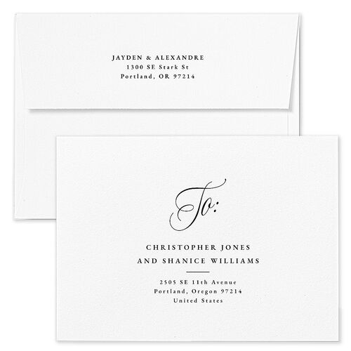 We're Engaged Calligraphy Engagement Party Invitation Envelopes White Champagne Both Recipient and Return Addresses Standard Signature