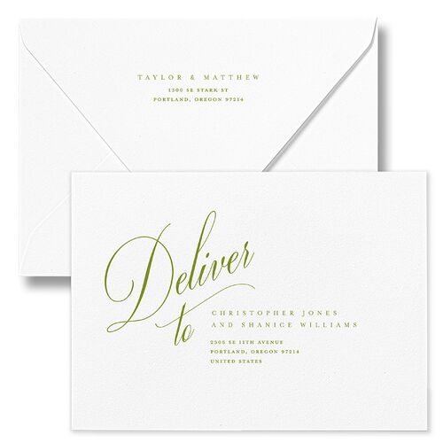 Modern Wedding Of Calligraphy Wedding Invitation Euro Envelopes White Chartreuse Both Recipient and Return Addresses Luxe Signature