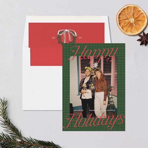 Happy Holidays Grid Pattern Photo Holiday Cards Hunter Green Signature Blank Standard