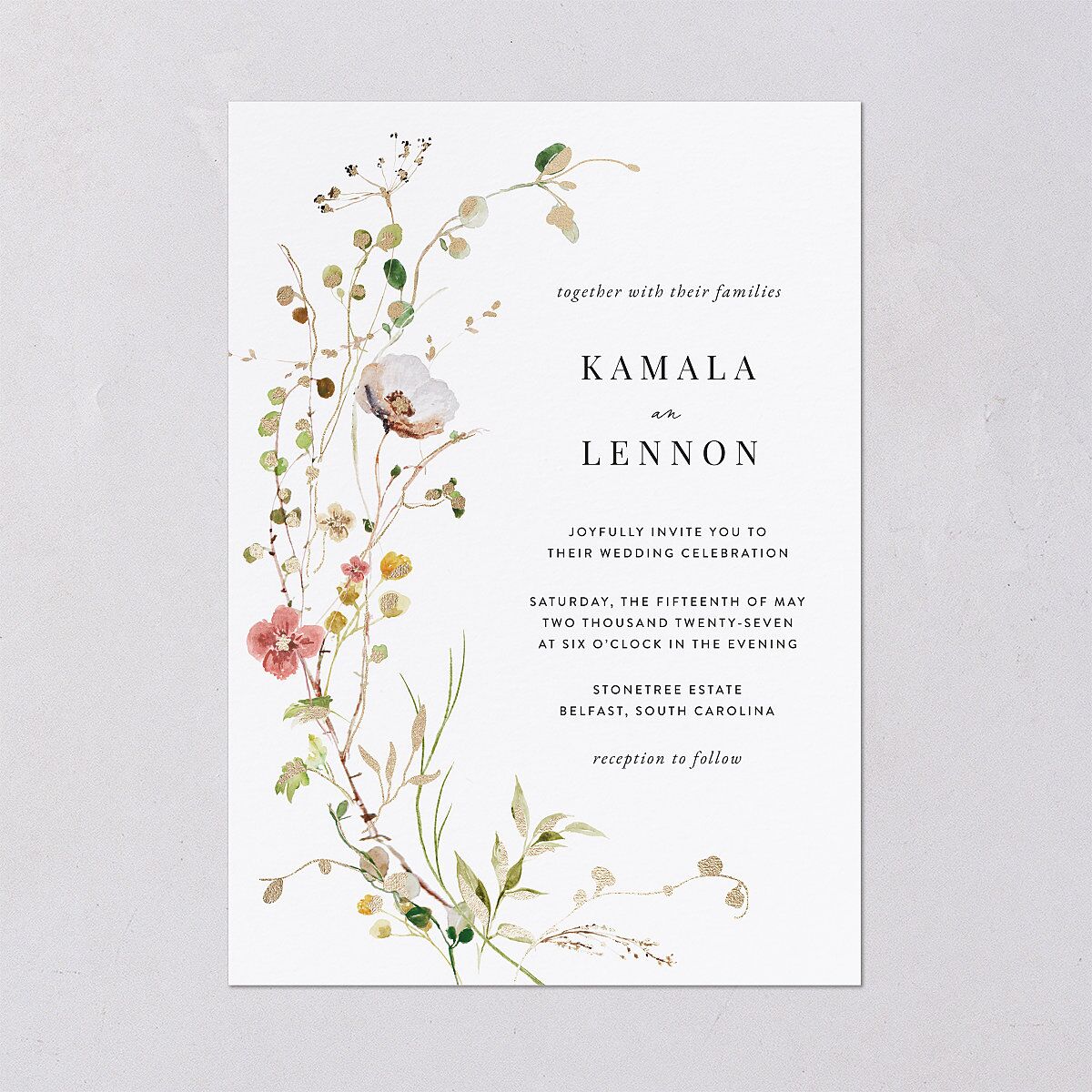 Glistening Wildflower Foil Wedding Invitations Gold Soft Peach Signature Blank No Standard