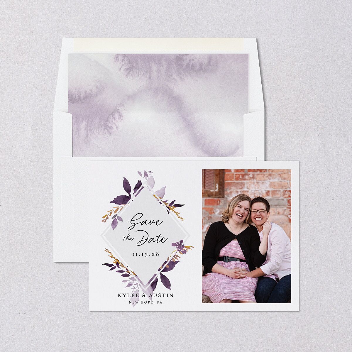 Leafy Frame Save The Date Cards Plum Signature smooth Blank No Standard