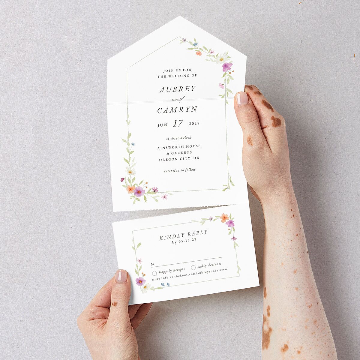 Classic Wildflower Frame All-in-One Wedding Invitations Amethyst Signature Light Both Recipient and Return Addresses No