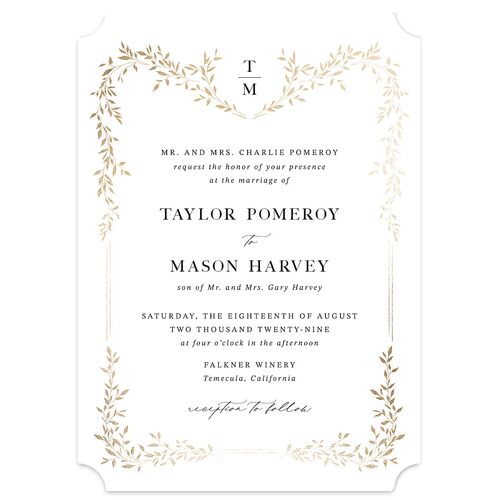 Monogram Garland Foil Wedding Invitations Pure White Gold Signature Blank Ticket No