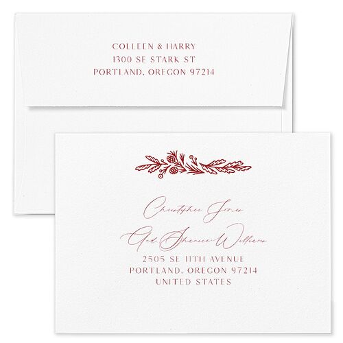 Pinecone Frame Holiday Card Envelopes Blue Jewel Red Both Recipient and Return Addresses Standard Signature