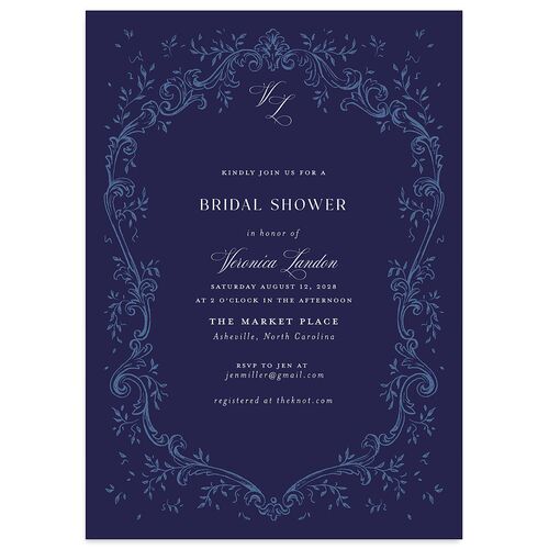 Formal Opulent Frame Bridal Shower Invitations Royal Blue Signature Blank Standard