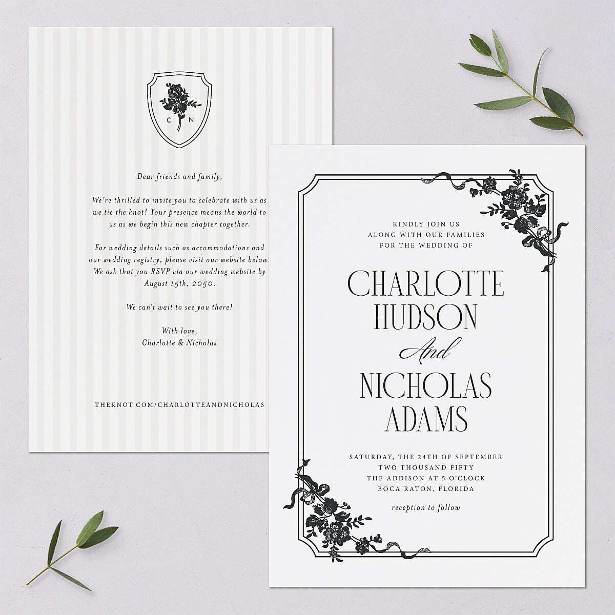 Old Money Botanical Wedding Invitations Pure White Signature Blank No Standard