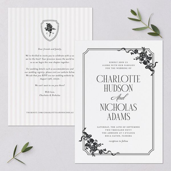 Old Money Botanical Wedding Invitations Pure White Signature Blank No Standard