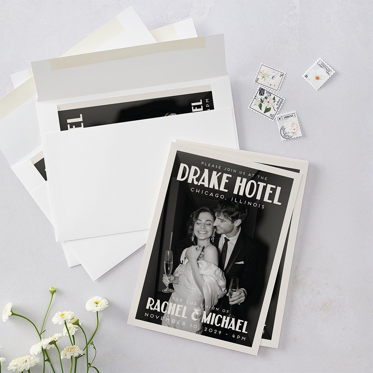 Vintage Art Deco Photo Wedding Invitations Off-White Signature Blank No Standard
