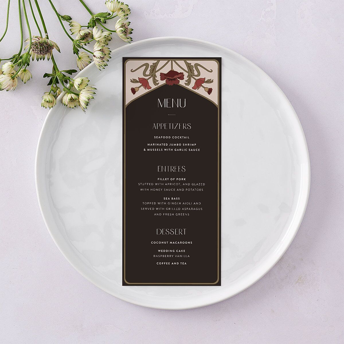 Vintage Nouveau Floral Menus Merlot Signature