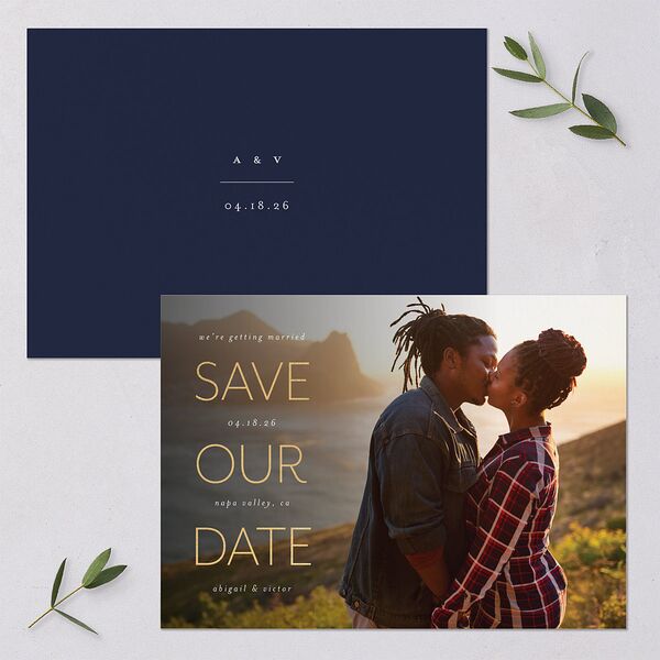 Sidebar Save The Date Cards Gold Navy Signature smooth Blank No Standard