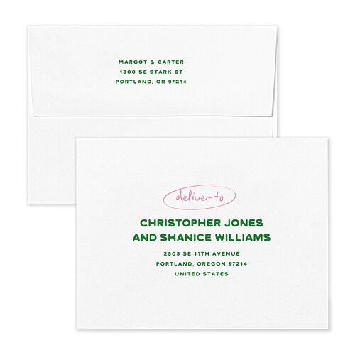 Whimsically Retro Handwritten Note Save the Date Petite Card Envelopes Kelly Green White Both Recipient and Return Addresses Signature Standard