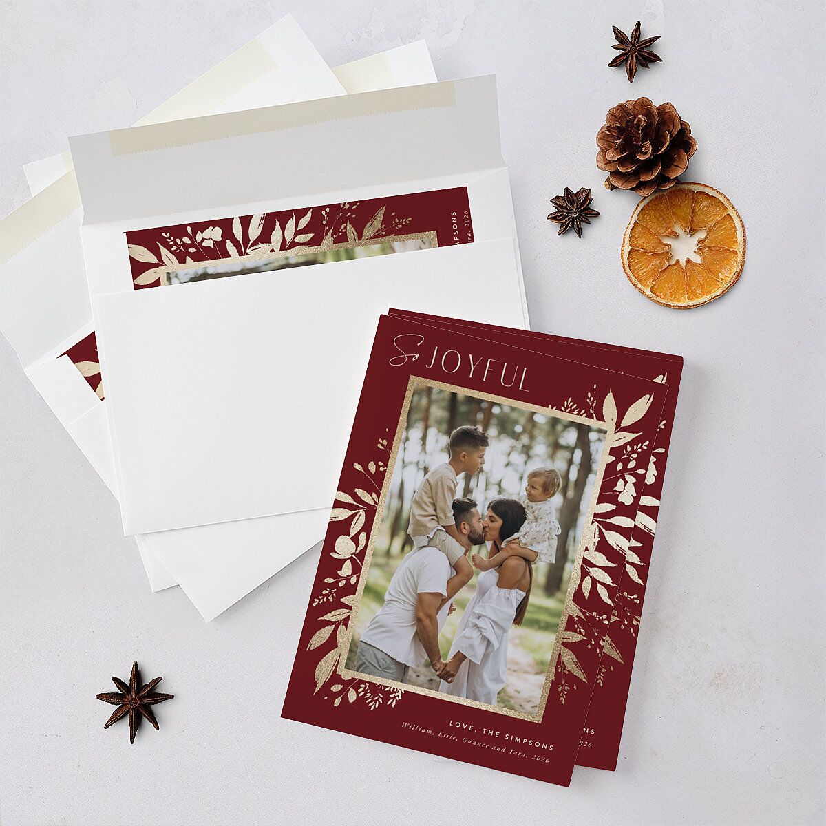 Festive Foliage Holiday Cards Gold Maroon Signature Blank Portrait Standard