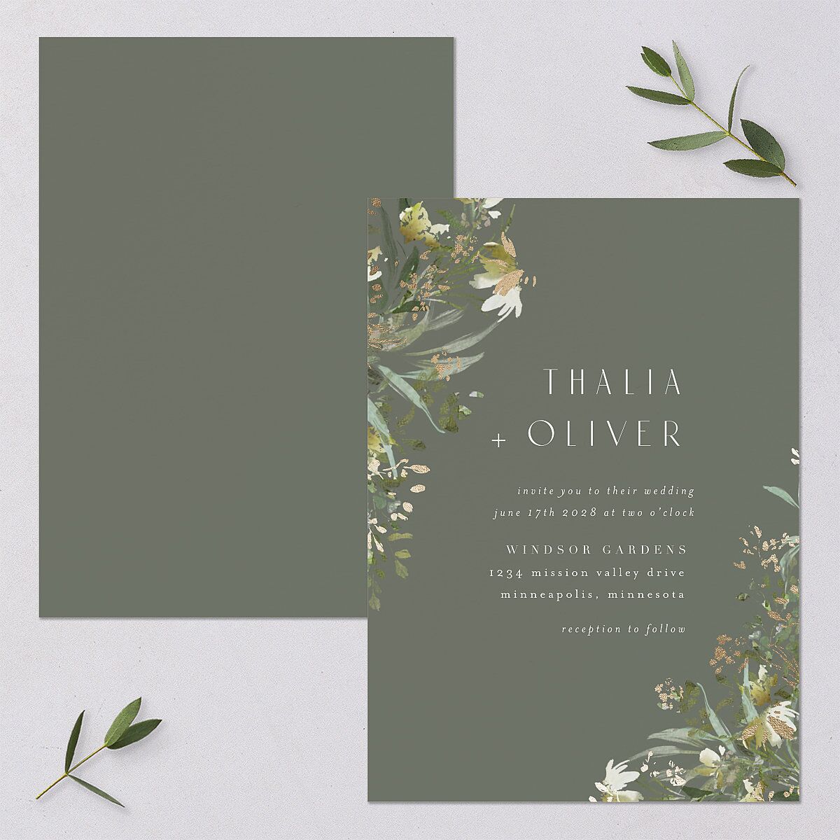 Gilded Greenery Wedding Invitations Gold Deep Olive Signature Blank No Standard