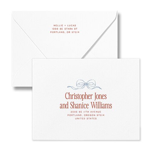 Modern Delicate Bows Save the Date Magnet Euro Envelopes Jewel Red White Both Recipient and Return Addresses Luxe Signature