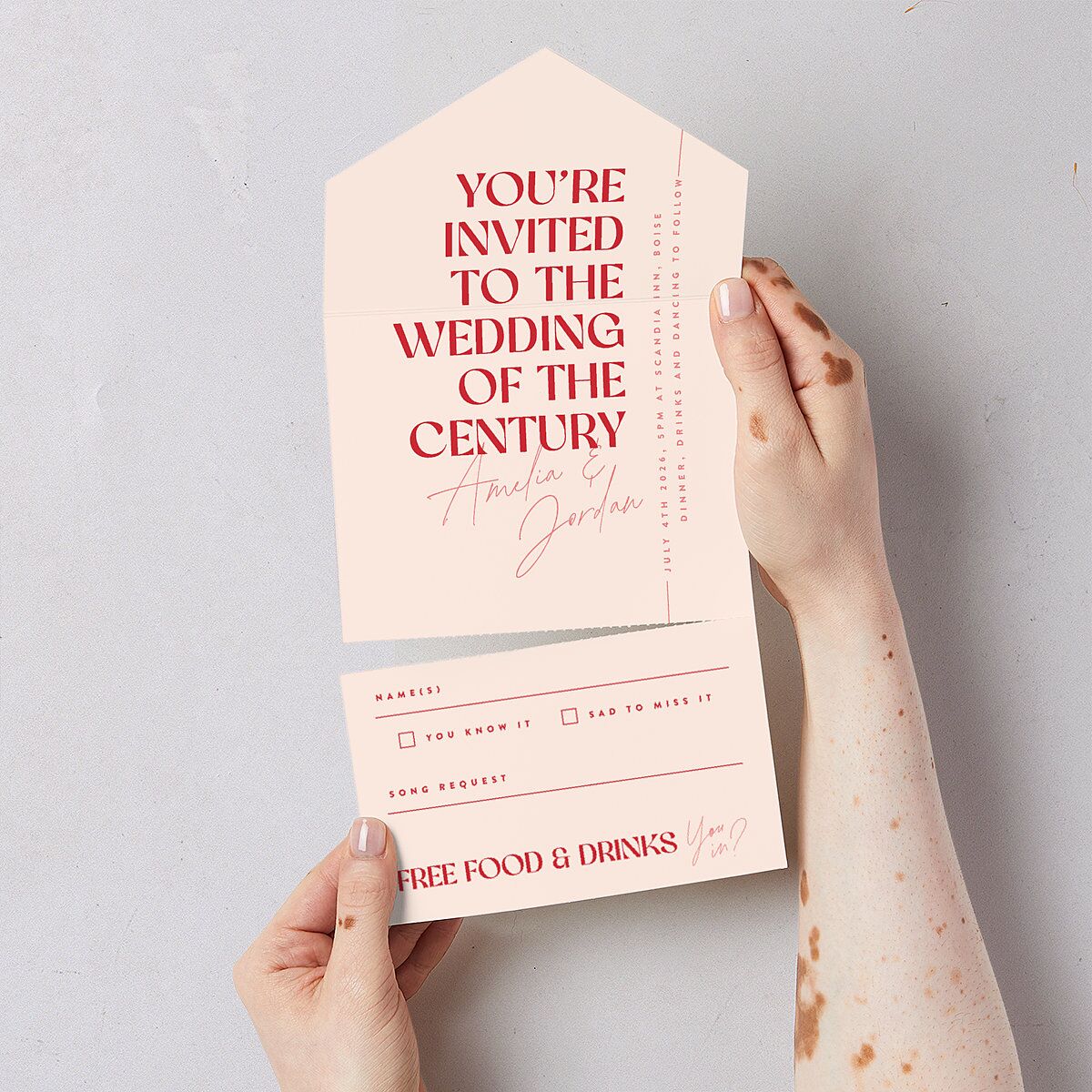 Wedding Of The Century All-in-One Wedding Invitations Rose Pink Signature Light Both Recipient and Return Addresses No
