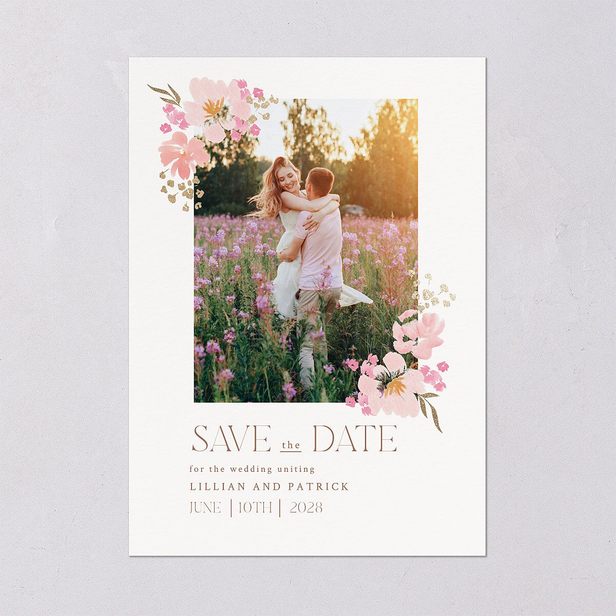 Blooming Frame Save The Date Cards Gold Pink Cotton Signature smooth Blank No Standard