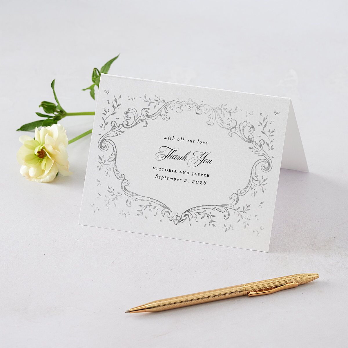 Formal Opulent Frame Foil Thank You Cards Pure White Silver