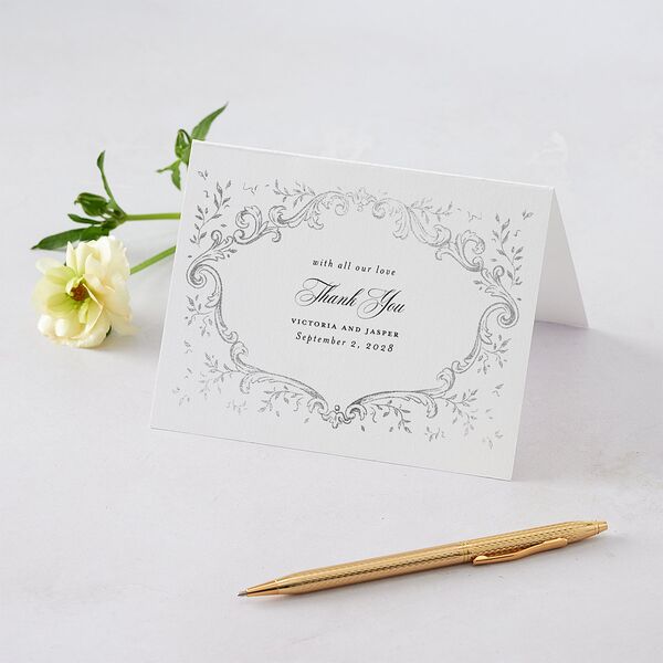 Formal Opulent Frame Foil Thank You Cards Pure White Silver