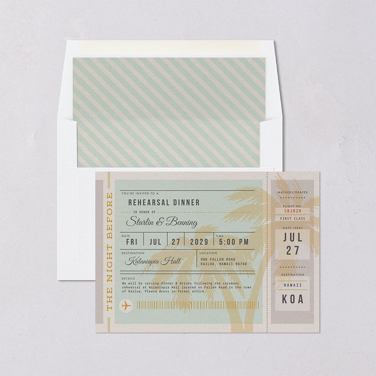 Retro Boarding Pass Rehearsal Dinner Invitations Mint Green Signature Blank