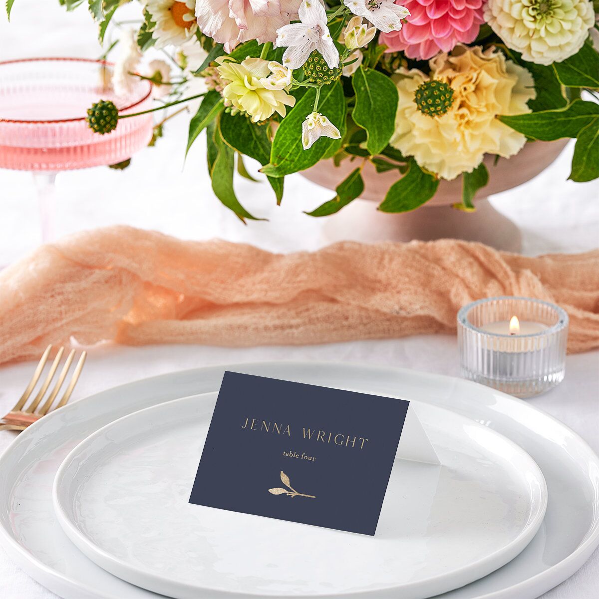 Gilded Sprigs Foil Place Cards Gold Moody Blue Signature