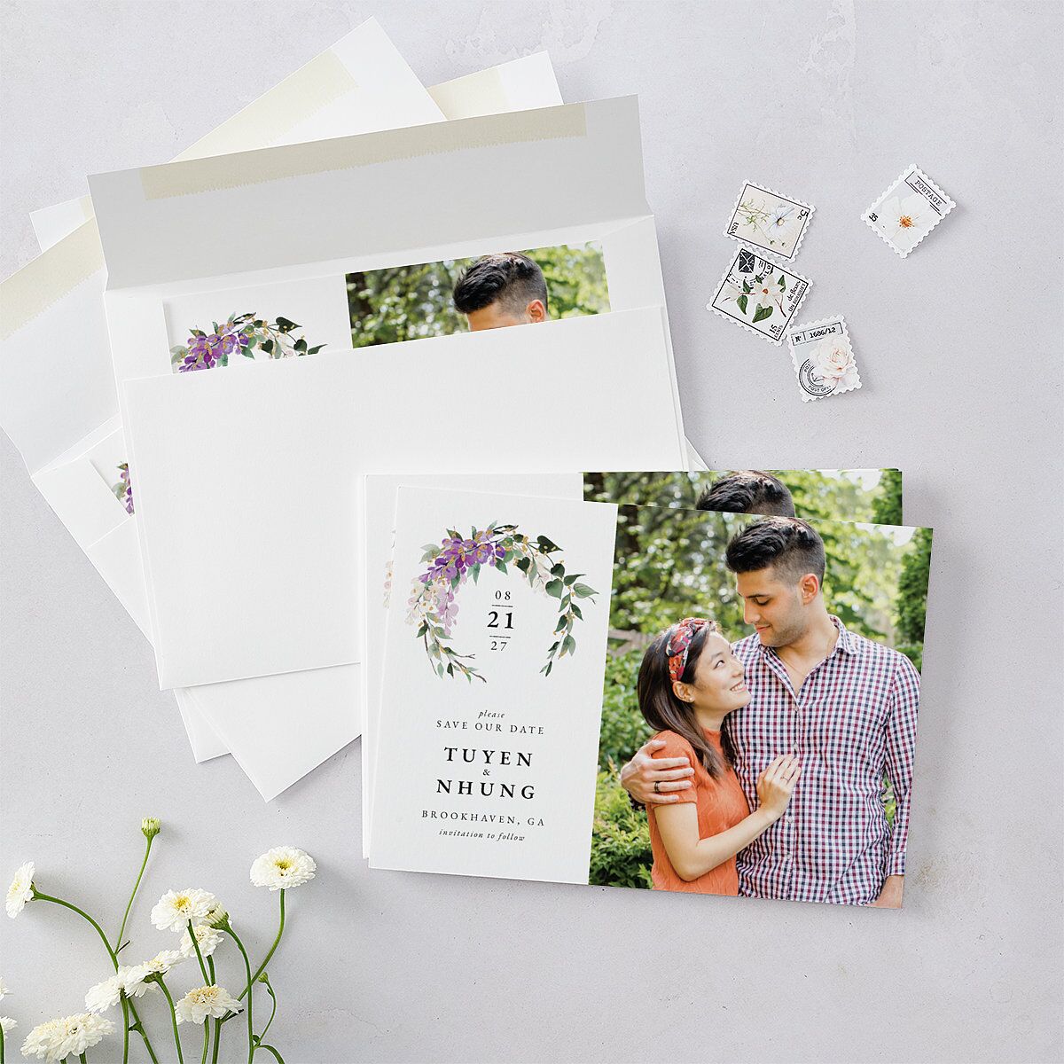 Sparkling Wisteria Save the Date Cards Gold Iris Signature smooth Blank No Standard