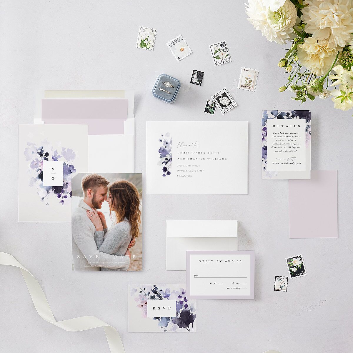 Ethereal Floral Save The Date Cards Sheer Lilac Signature smooth Blank No Standard