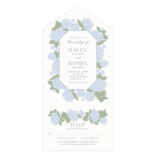 Vintage Hydrangea Frame All-in-One Wedding Invitations Dusty Blue Signature Light Both Recipient and Return Addresses No