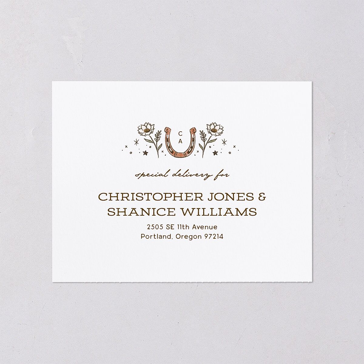 Southwestern Nouveau All-in-One Wedding Invitations Umber Signature Light Both Recipient and Return Addresses No