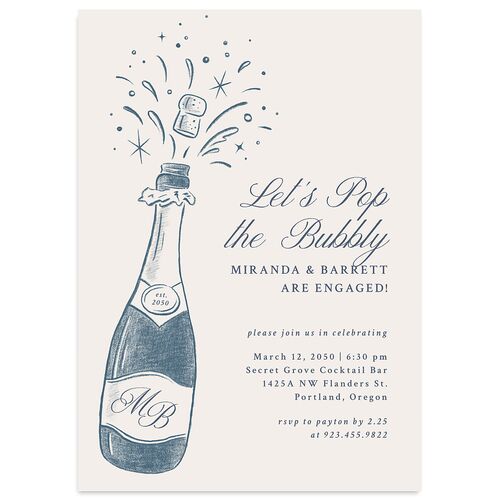 Hand Drawn Champagne Engagement Party Invitations Dusty Blue Signature Blank Standard