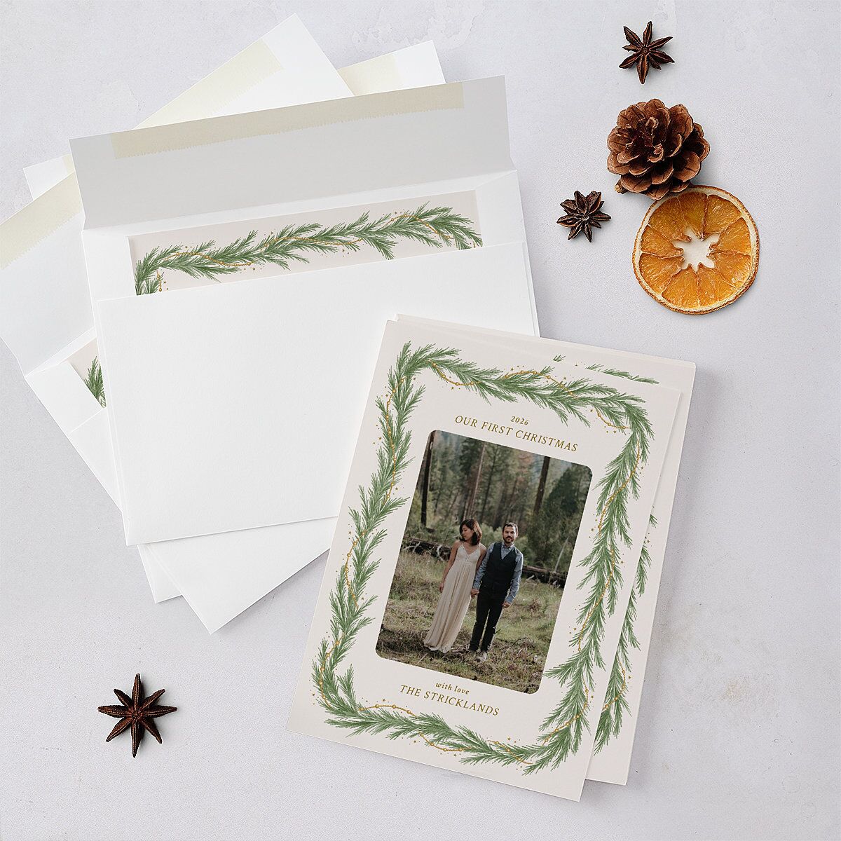 Rustic Garland Newlyweds First Christmas Holiday Cards Linen Signature Blank Standard