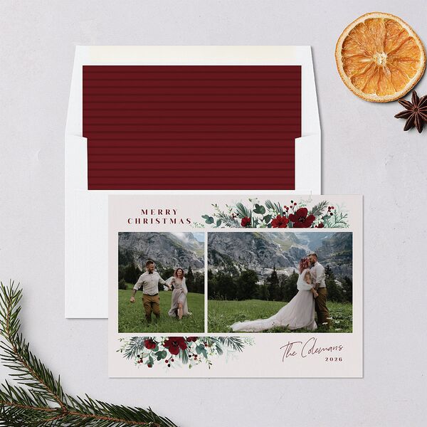 Holiday Floral Holiday Cards Maroon Signature Blank Landscape Standard