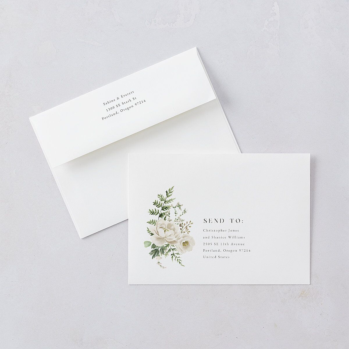 Gilded Fern Frame Botanical Rehearsal Dinner Invitation Envelopes White Linen Both Recipient and Return Addresses Signature Standard