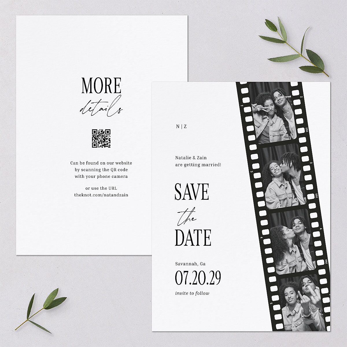 Vintage Film Reel Photo Strip Save the Date Cards Pure White Signature smooth Blank No Standard