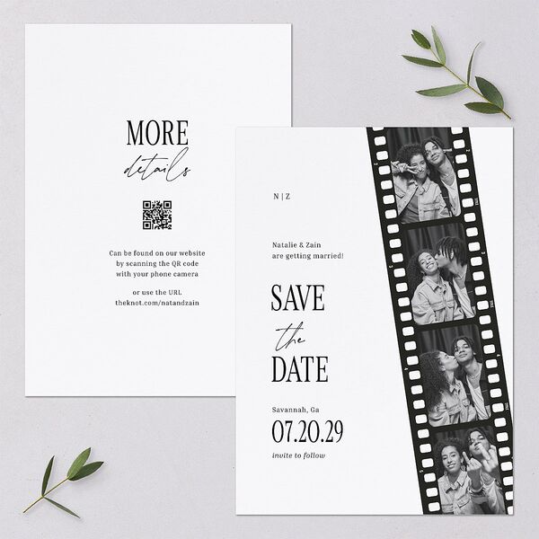 Vintage Film Reel Photo Strip Save the Date Cards Pure White Signature smooth Blank No Standard