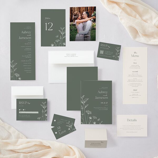 Simple Modern Wildflowers Place Cards Deep Olive Signature