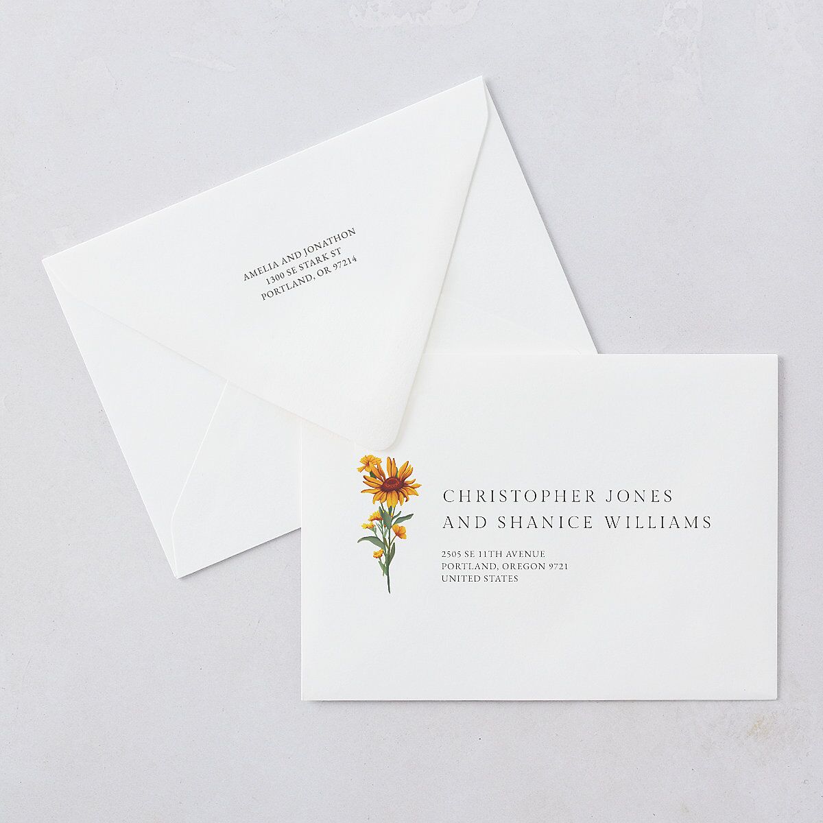 Wild Daisies Bridal Shower Invitation Euro Envelopes White Buttercup Both Recipient and Return Addresses Luxe Signature