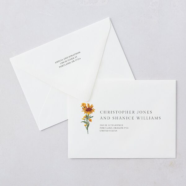 Wild Daisies Bridal Shower Invitation Euro Envelopes White Buttercup Both Recipient and Return Addresses Luxe Signature