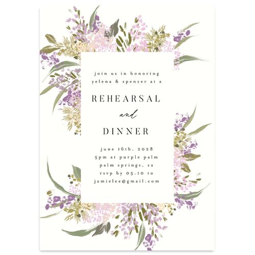 Moody Romance Rehearsal Dinner Invitations Purple Petal Signature Blank
