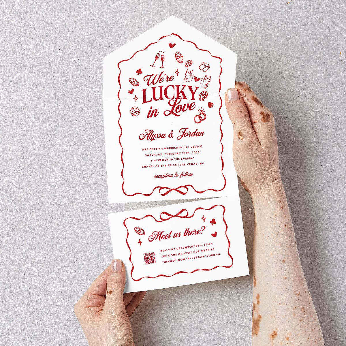 Hand Drawn Las Vegas Hearts All-in-One Wedding Invitations Ruby Signature Light Both Recipient and Return Addresses No