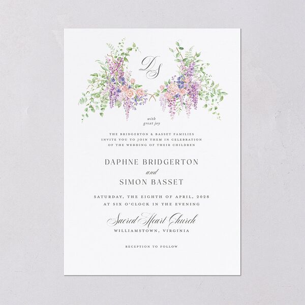 Formal Wisteria Garden Crest Wedding Invitations by Bridgerton Purple Haze Signature Blank No Standard