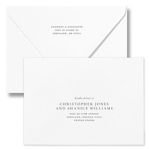 Elegant Two Photo Monogram Save The Date Card Euro Envelopes Pure White White Both Recipient and Return Addresses Luxe Signature
