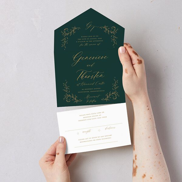 Dark Vintage Fantasy All-in-One Wedding Invitations Dark Emerald Signature Light Both Recipient and Return Addresses No
