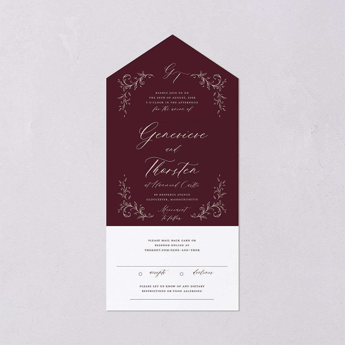 Dark Vintage Fantasy All-in-One Wedding Invitations Merlot Signature Light Both Recipient and Return Addresses No