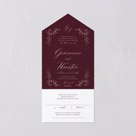 Dark Vintage Fantasy All-in-One Wedding Invitations Merlot Signature Light Both Recipient and Return Addresses No