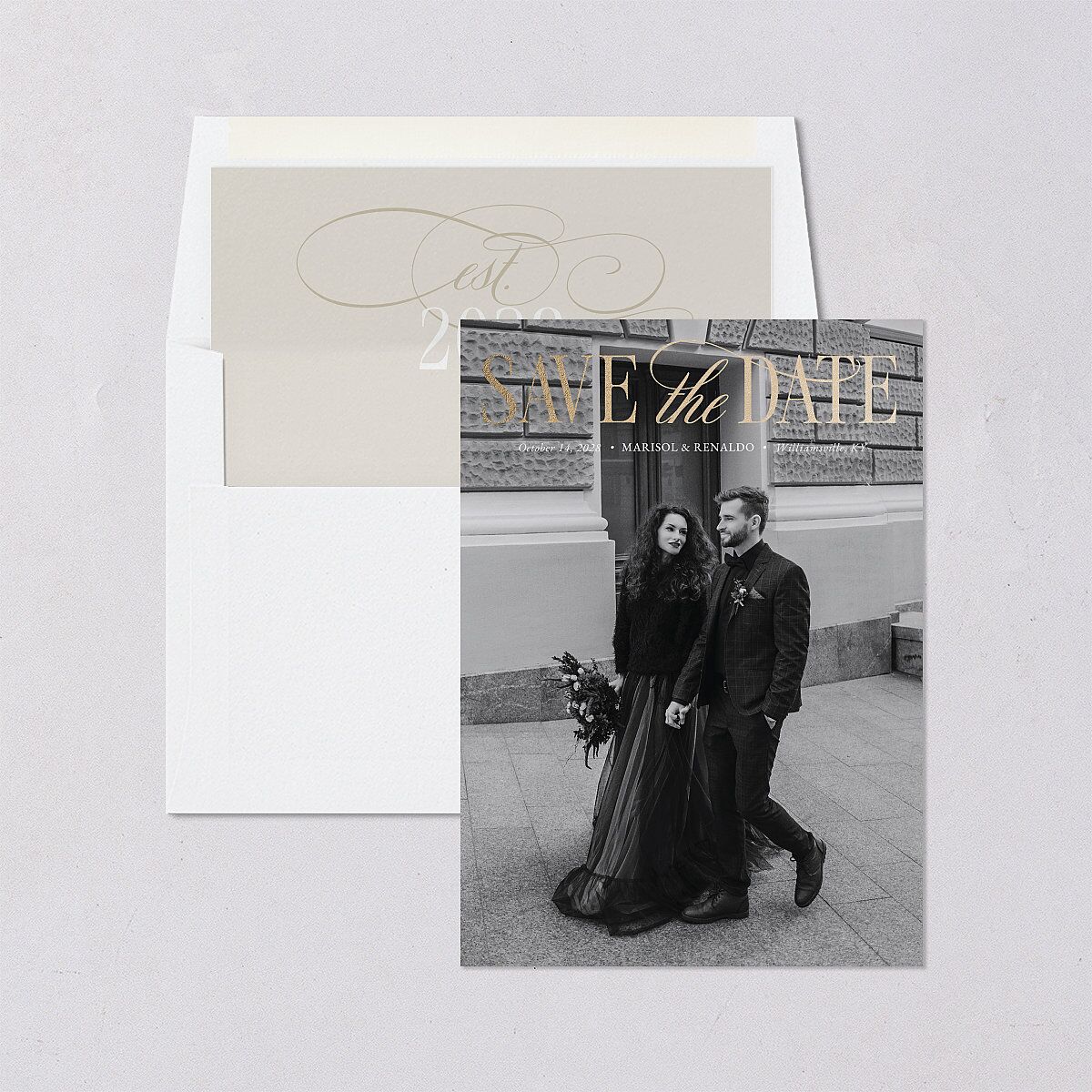 Polished Photo Foil Save the Date Cards Pure White Gold Signature smooth Blank Standard No