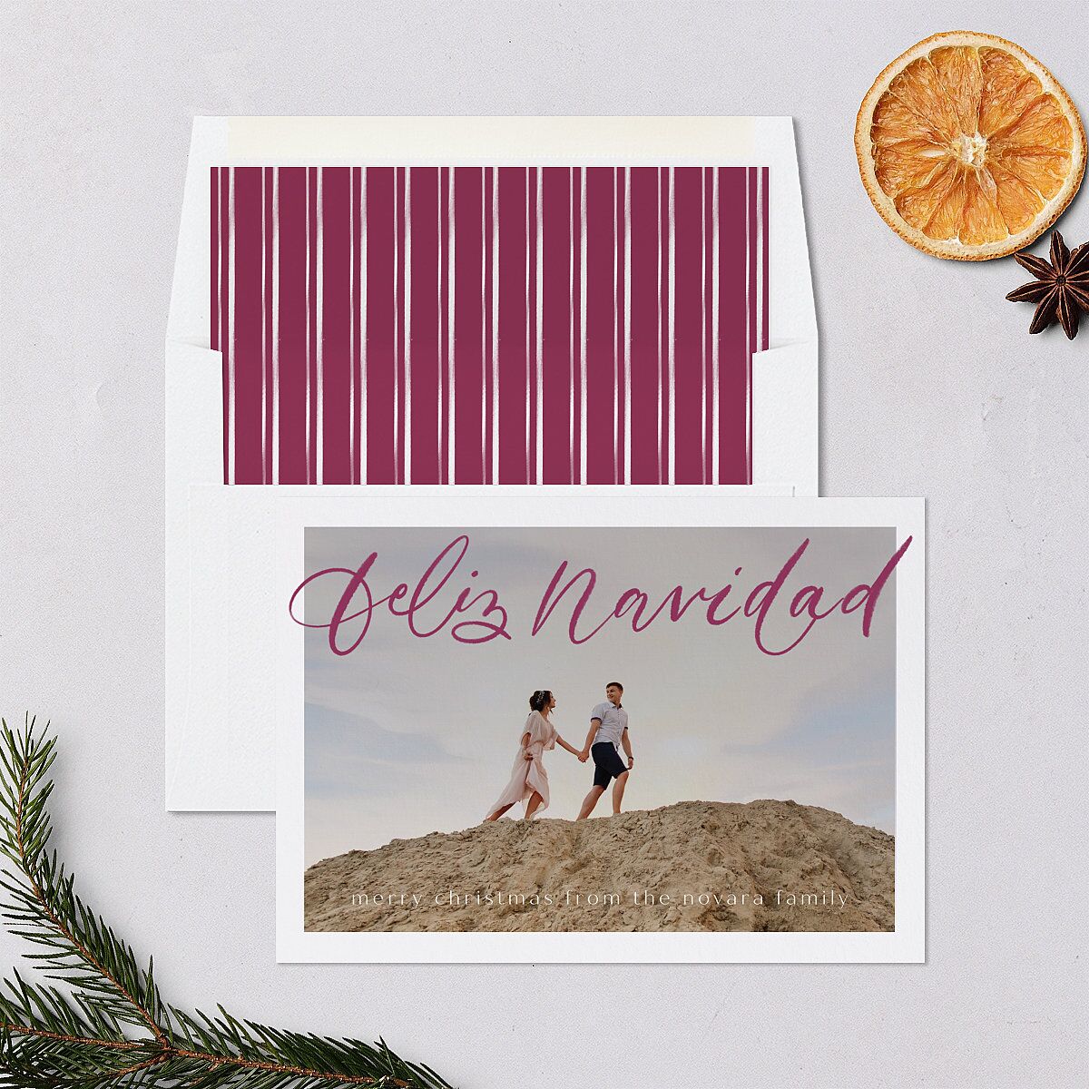 Scripted Feliz Navidad Holiday Cards Raspberry Signature Blank Standard Landscape